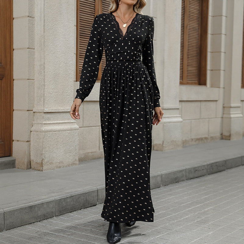 Elegant Retro Lace V-neck Bow Print Dress Grayceful LLC