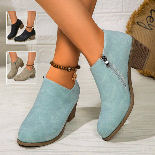 Chunky Heel Round Toe Ankle Boots With Side Zipper Design Fashion Fall Winter Short Boots For Women Shoes Pi-Mart
