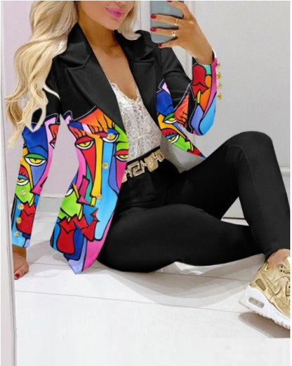 Women's Printed Coat & Trousers Two-Piece Set – 19 Prints, Casual Fashion Suit FitiqueFit