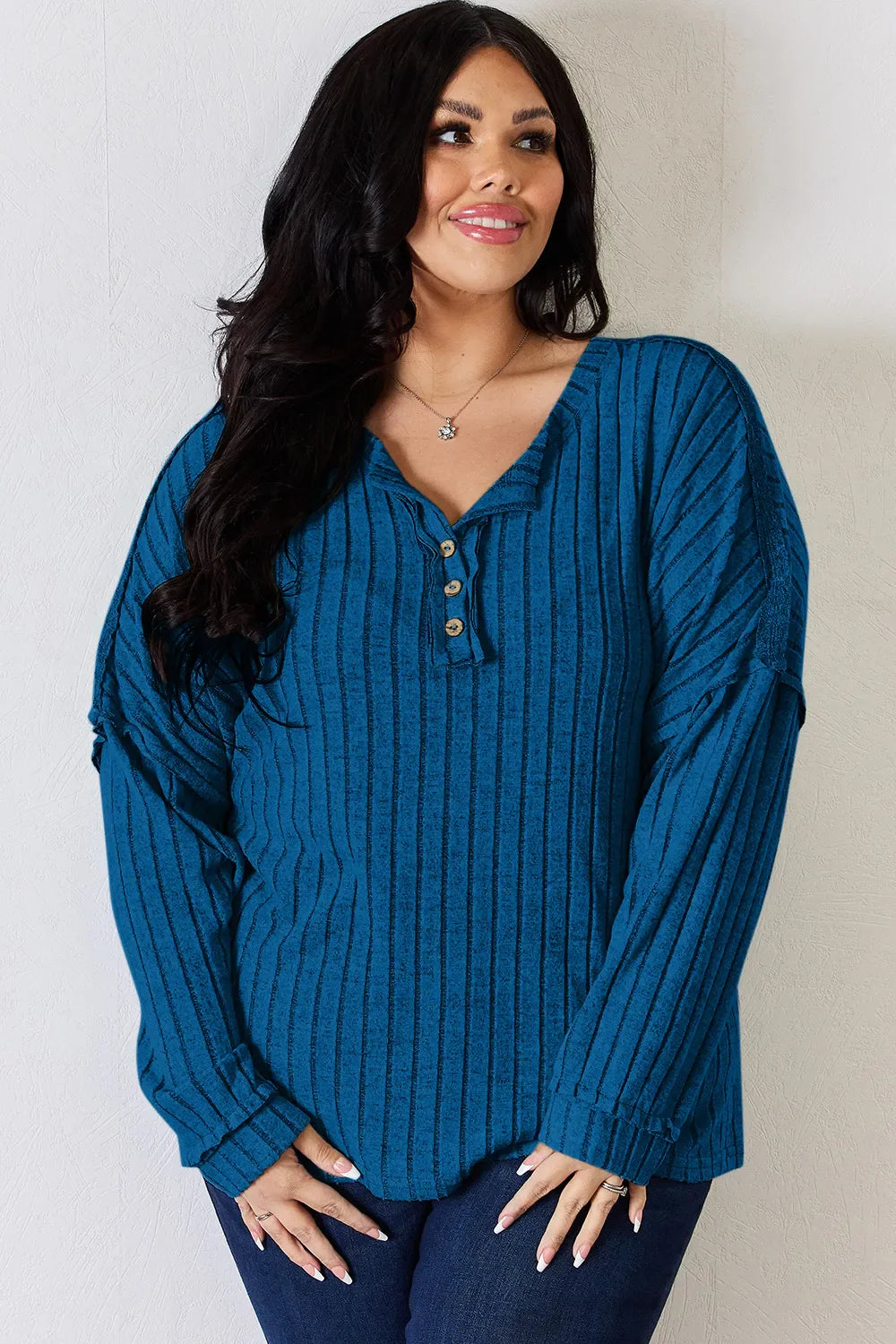 Basic Bae Full Size Ribbed Half Button Long Sleeve T-Shirt New Era Fashion LLc