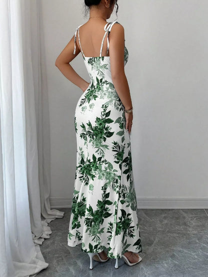 Printed Tie Strap Slit Maxi Dress New Era Fashion LLc