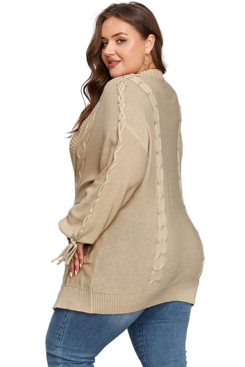 Parchment Cable Knit Braided Tie Sleeve Plus Size Open Cardigan Garden Naked Curves