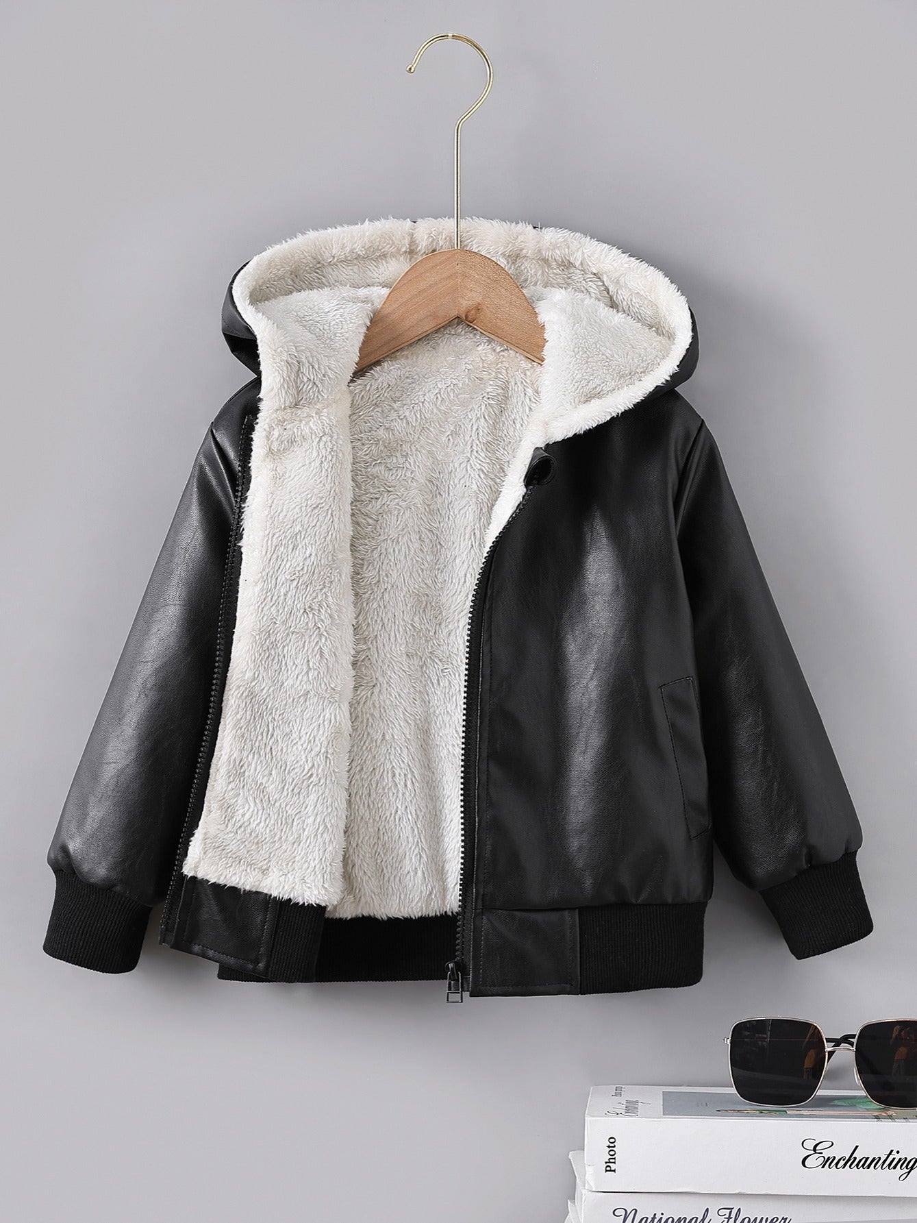 Boys' Faux Leather Jacket with Fleece Lining - Thickened Winter Coat, Full-Zip Front Closure, Machine Washable, Casual Style for Fall/Winter, Regular Fit NovaCart