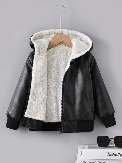 Boys' Faux Leather Jacket with Fleece Lining - Thickened Winter Coat, Full-Zip Front Closure, Machine Washable, Casual Style for Fall/Winter, Regular Fit NovaCart