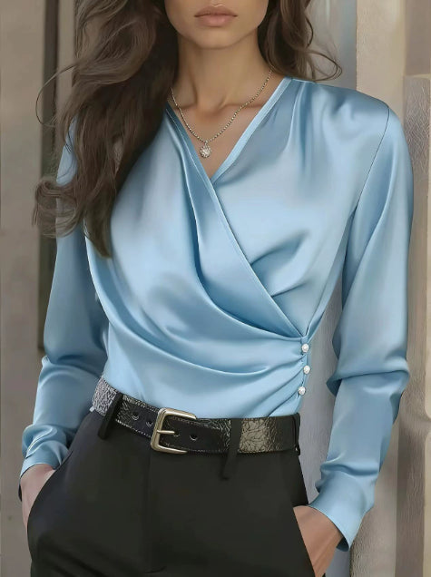 Women's Elegant Cross V-Neck Blouse, Ruffle Detail Button Accent Office Shirt FitiqueFit