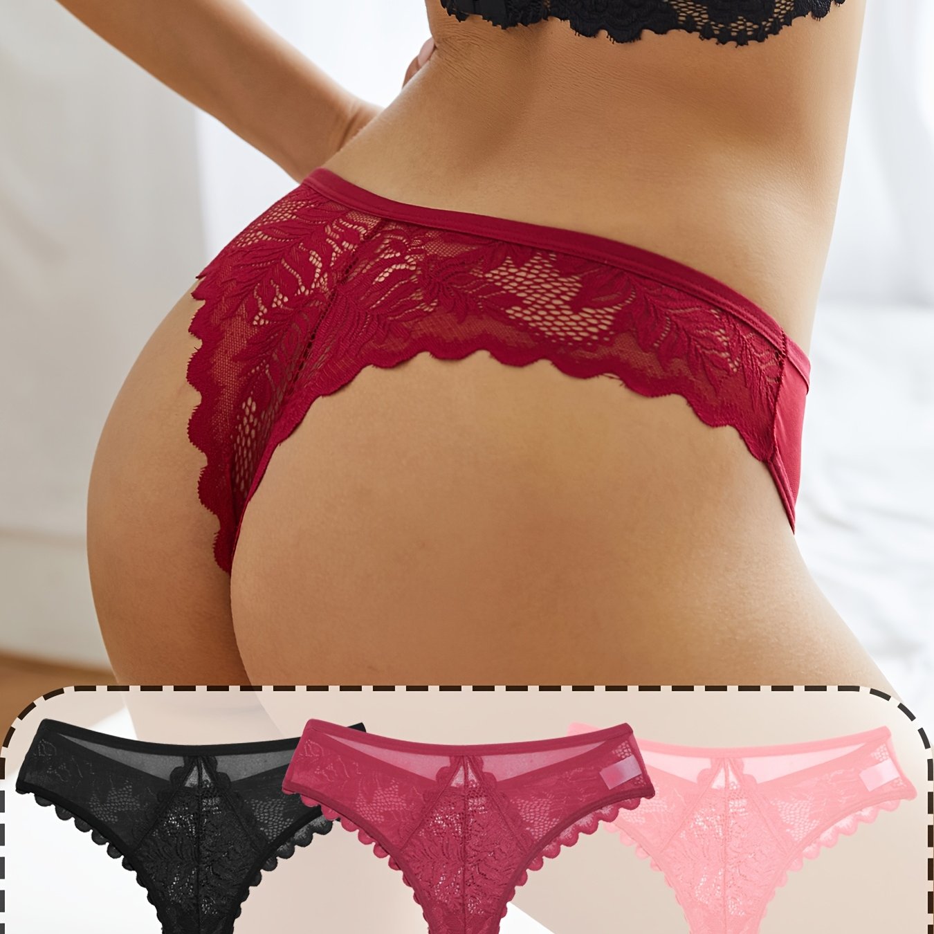 3pcs Women's Lace Thong Set, Sexy Semi-Sheer Panties NovaCart