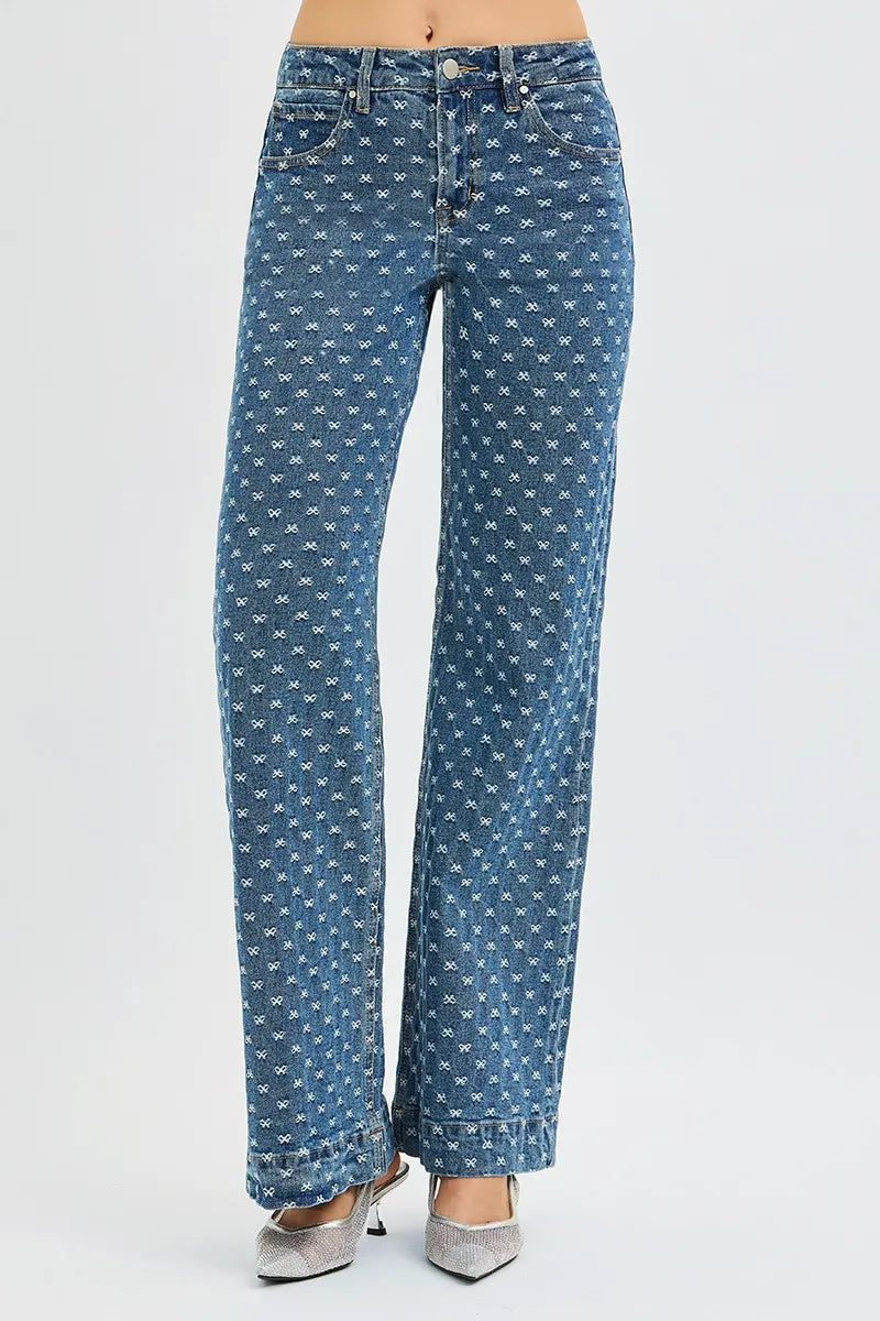 RISEN High Rise Wide Leg Bow Embroidered Jeans West2East Surf
