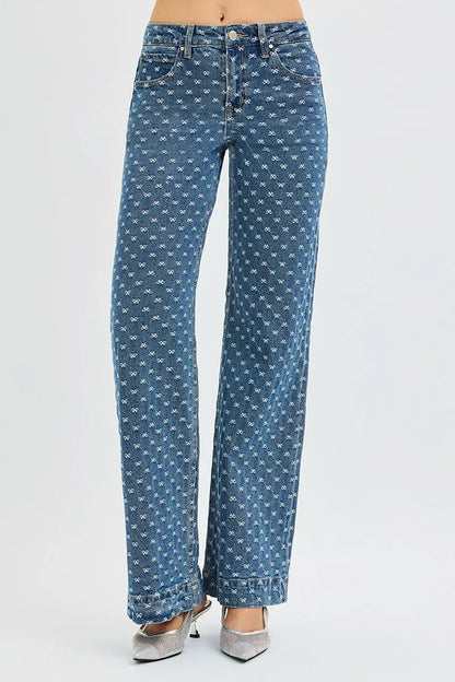 RISEN High Rise Wide Leg Bow Embroidered Jeans West2East Surf