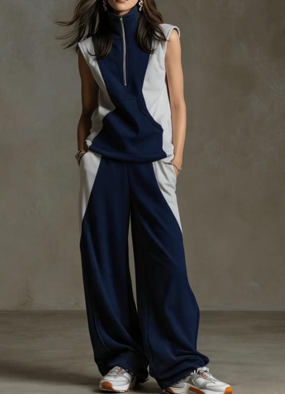 Women's Contrast Color Sleeveless Zip Collar Sportswear Set FitiqueFit
