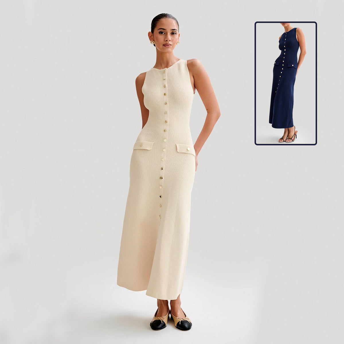 Elegant Knitted Sleeveless Dress With Single Breast Fashion Slim Round Neck Long Dresses Womens Clothing Grayceful LLC