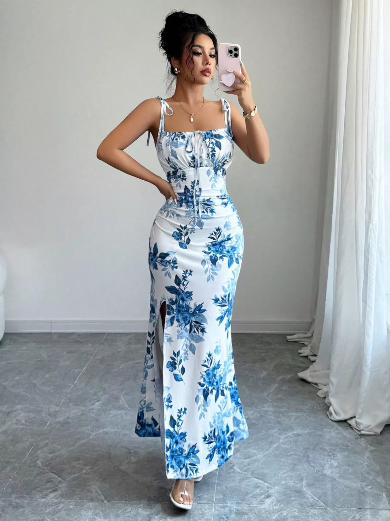Printed Tie Strap Slit Maxi Dress New Era Fashion LLc
