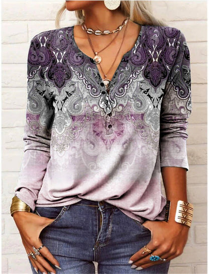 Women's Ethnic Print V-Neck Long Sleeve Loose T-Shirt FitiqueFit