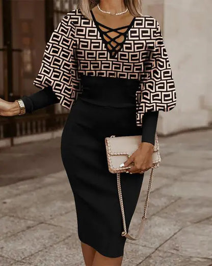 Elegant Women's V-Neck Long Sleeve Pencil Dress