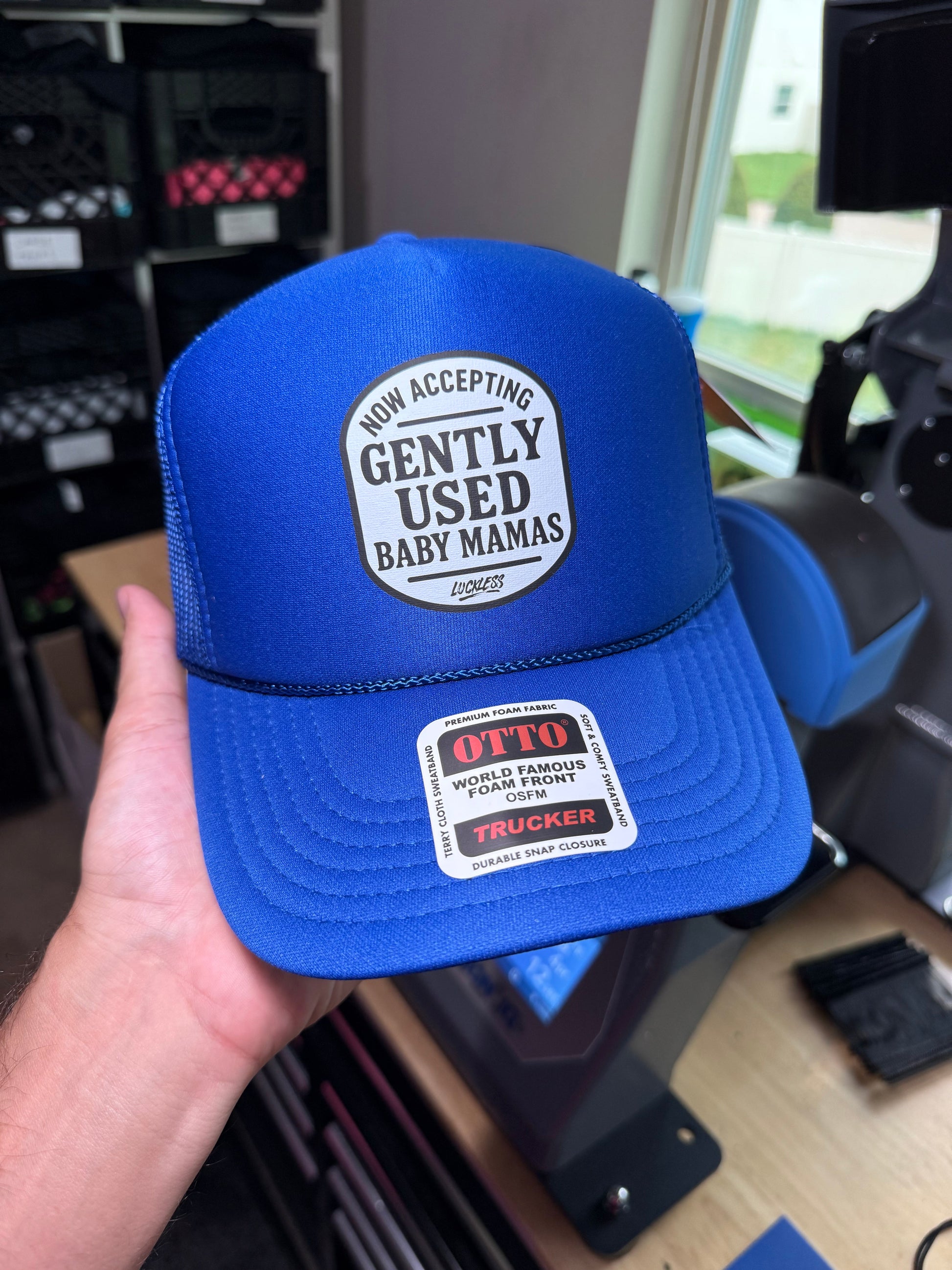Now Accepting Gently Used Baby Mamas Trucker Hat Luckless Outfitters