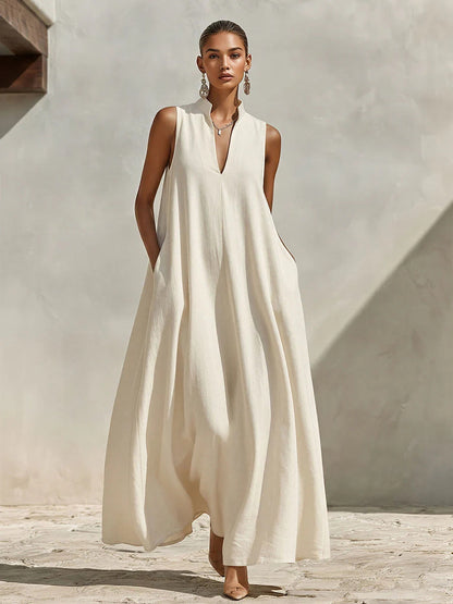Linen Blend Sleeveless Stand-Collar Maxi Dress – 5 Colors S–3XL FitiqueFit