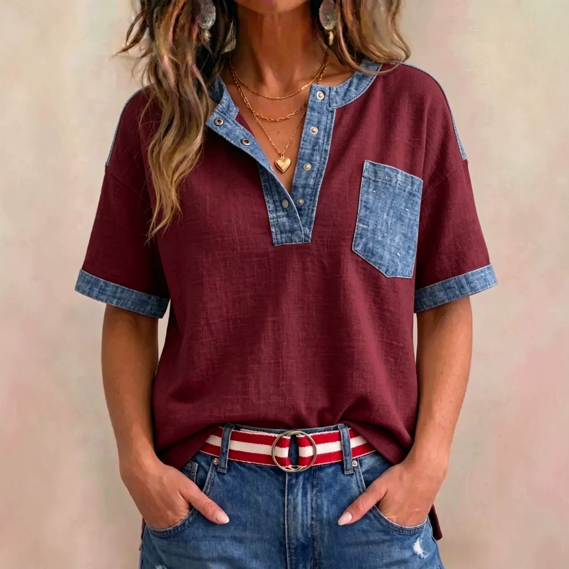Women's Casual Loose-Fit Color-Block Patchwork Short-Sleeve Top FitiqueFit