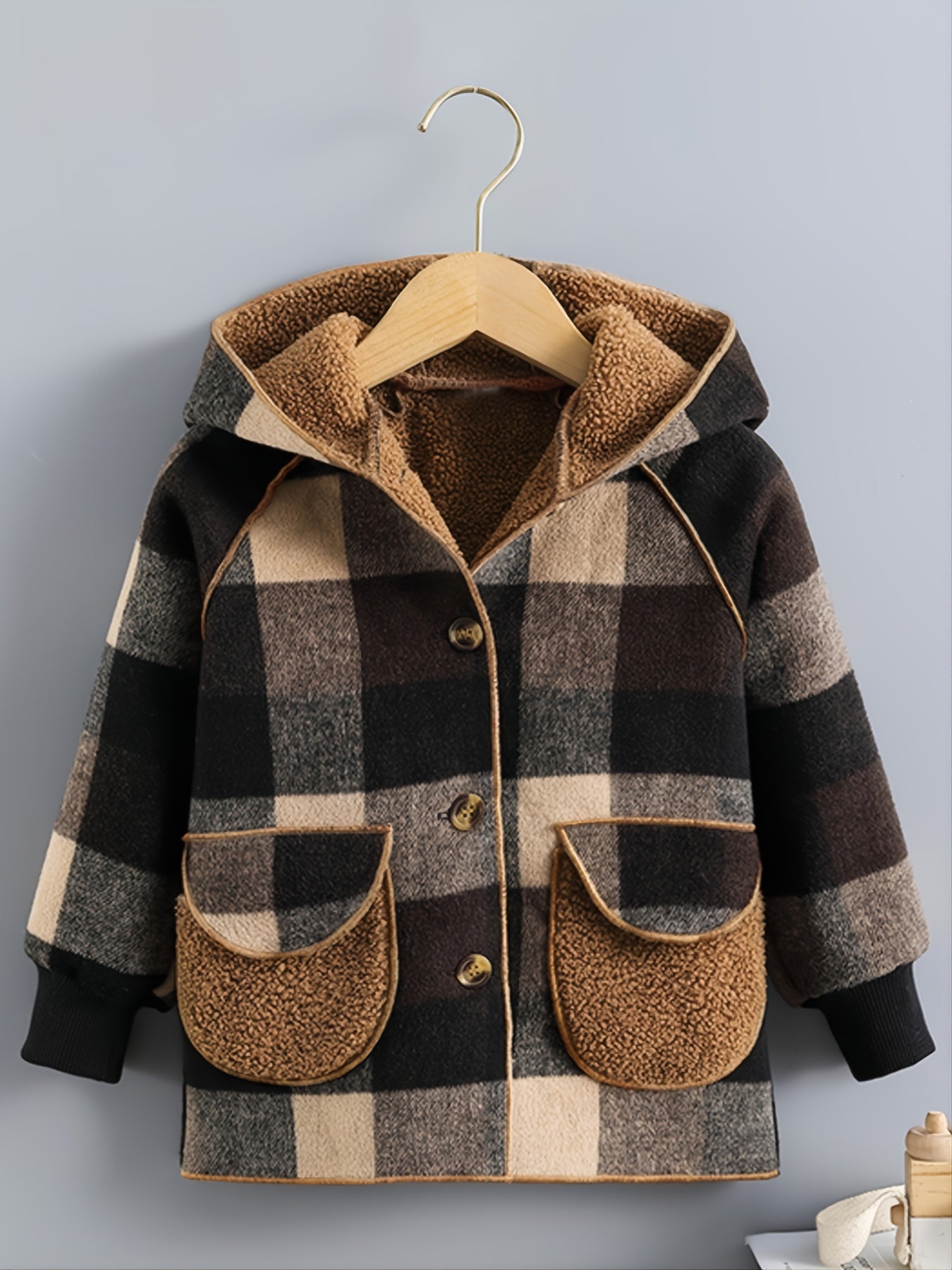 Boys' Long Sleeve Plaid Fleece-Lined Jacket with Button Front & Pockets - Cozy Fall/Winter Warmth, Casual Cardigan Collar, Brown/ Tartan Pattern, Machine Washable For Outdoor Play & Casual Attire, Winter Jacket For Boys, Fall NovaCart