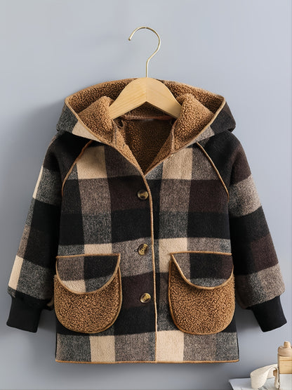 Boys' Long Sleeve Plaid Fleece-Lined Jacket with Button Front & Pockets - Cozy Fall/Winter Warmth, Casual Cardigan Collar, Brown/ Tartan Pattern, Machine Washable For Outdoor Play & Casual Attire, Winter Jacket For Boys, Fall NovaCart