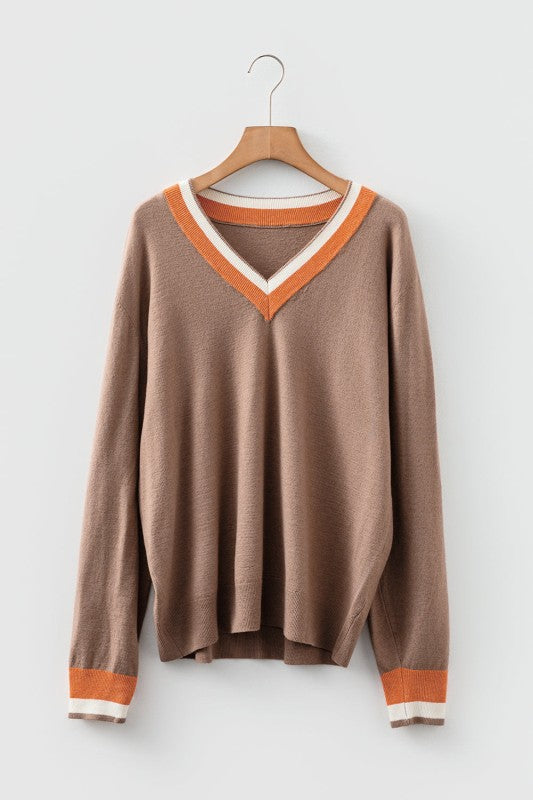 Varsity Stripe Contrast Trim V-Neck Sweater Shop Style & More | Fresh Looks, Everyday Deals & Free Shipping