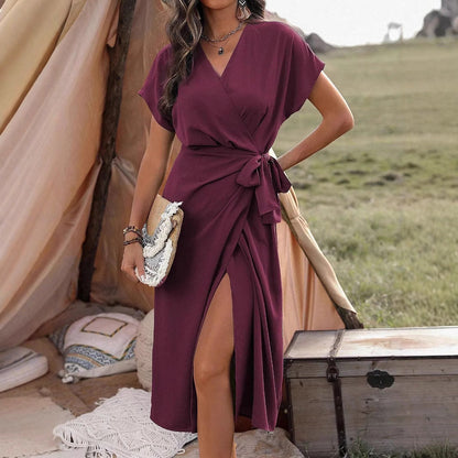 Commuting Fashion Forged Split Women's Solid Color Wrap Suspender Dress Grayceful LLC