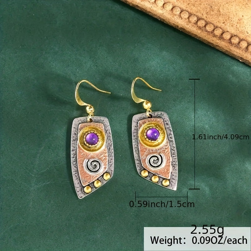 Women's Vintage Bohemian Drop Earrings - 14K Gold Plated Zinc Alloy with Synthetic Gems, Simple Irregular Shape Metal Engraved Pattern Dangle Jewelry | Elegant Gift for Women | Lightweight and Durable NovaCart