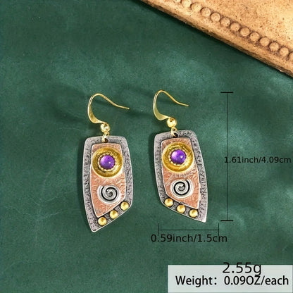 Women's Vintage Bohemian Drop Earrings - 14K Gold Plated Zinc Alloy with Synthetic Gems, Simple Irregular Shape Metal Engraved Pattern Dangle Jewelry | Elegant Gift for Women | Lightweight and Durable NovaCart
