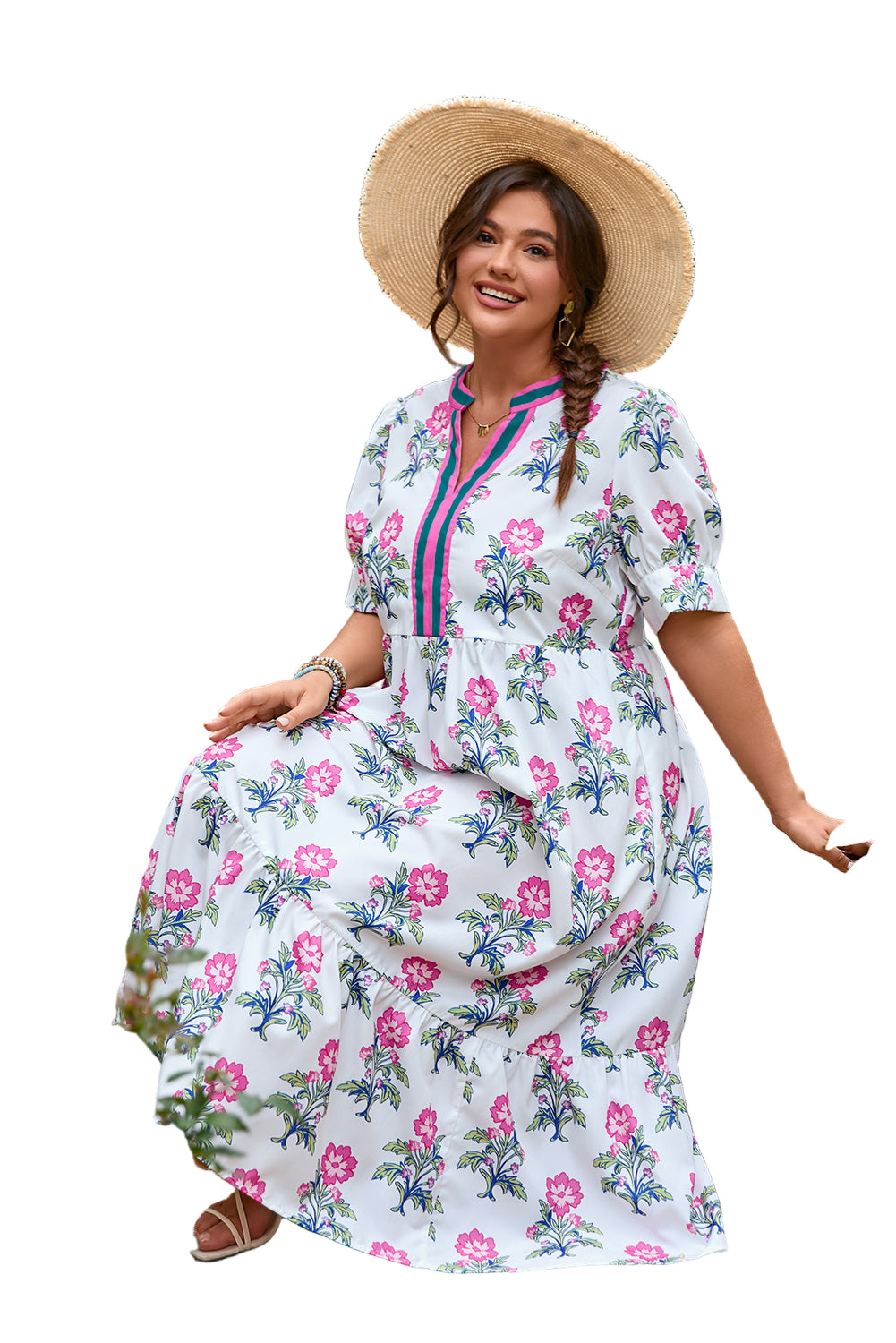 White Allover Print Contrast Split Neckline Short Puff Sleeve Curvy Dress Garden Naked Curves