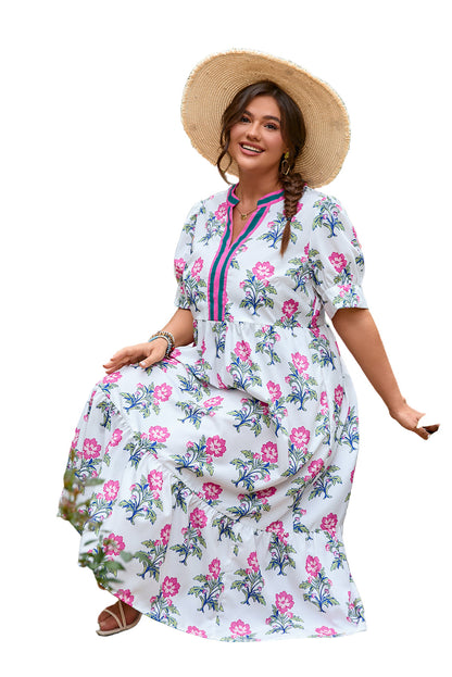 White Allover Print Contrast Split Neckline Short Puff Sleeve Curvy Dress Garden Naked Curves