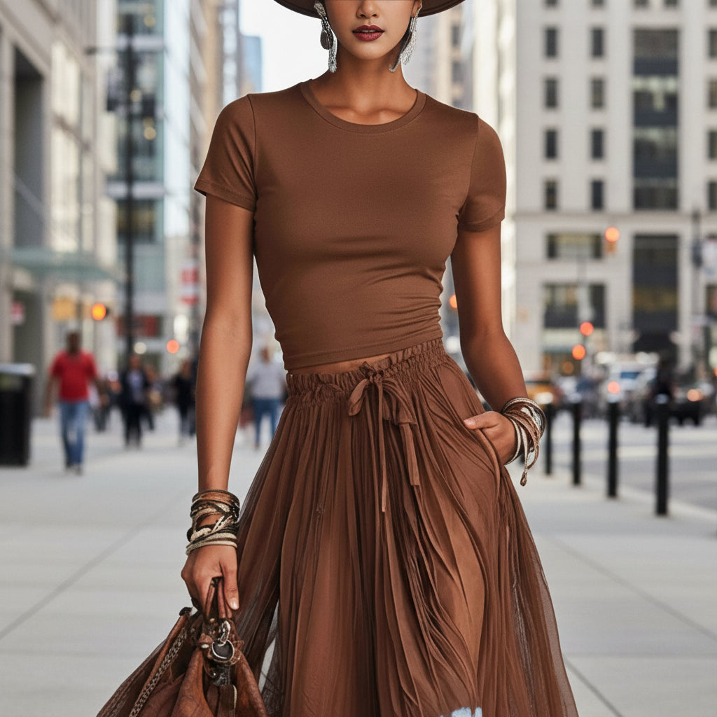 Short-Sleeve Top and Lace-Panel Midi Skirt Set FitiqueFit