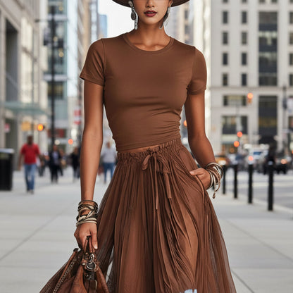 Short-Sleeve Top and Lace-Panel Midi Skirt Set FitiqueFit