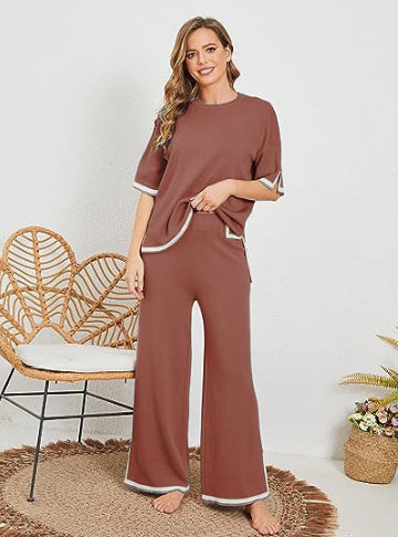 New Knitting Suit Sweater Suit Short Sleeve Pullover Wide Leg Pants Grayceful LLC
