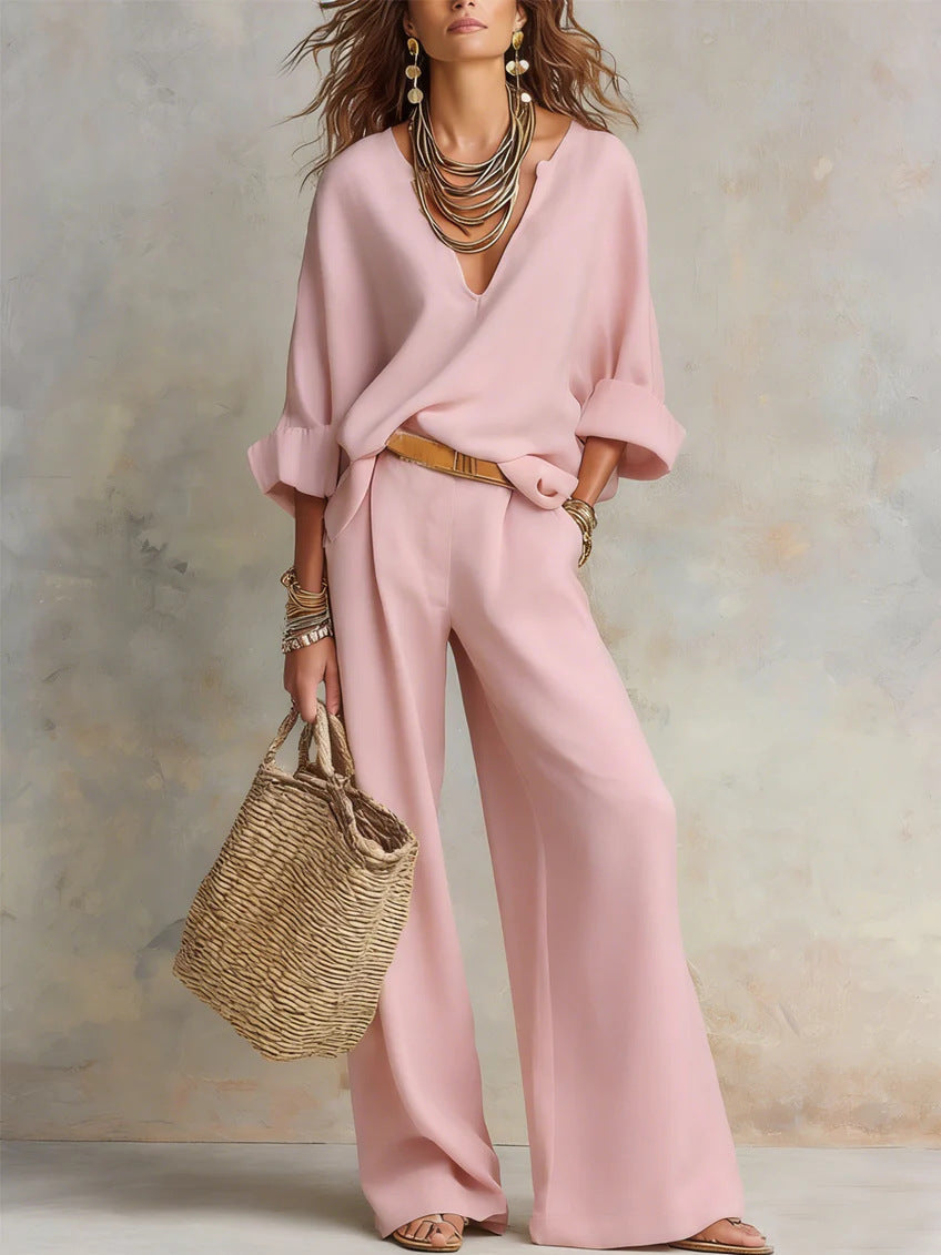 Women's Casual Linen Vacation Set – Three-Quarter Sleeve Top & Full-Length Pants FitiqueFit