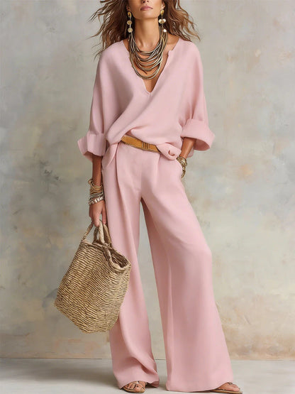 Women's Casual Linen Vacation Set – Three-Quarter Sleeve Top & Full-Length Pants FitiqueFit