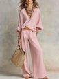 Women's Casual Linen Vacation Set – Three-Quarter Sleeve Top & Full-Length Pants FitiqueFit