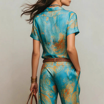 Women's Bohemian Printed Resort Two-Piece Set – 3/4 Sleeve Shirt & Pants FitiqueFit