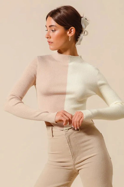 SO ME Color Block Fitted Crop Sweater Top West2East Surf
