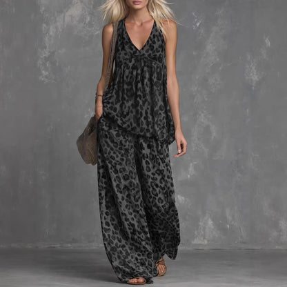 Women’s Leopard Print Sleeveless Top and Chiffon Pants Set FitiqueFit