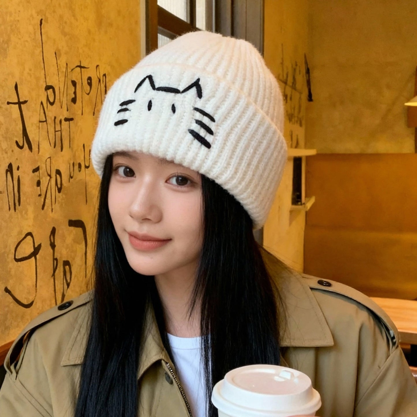 Women’s Cute Cat Line Design Knitted Hat – Warm Fall & Winter Beanie FitiqueFit