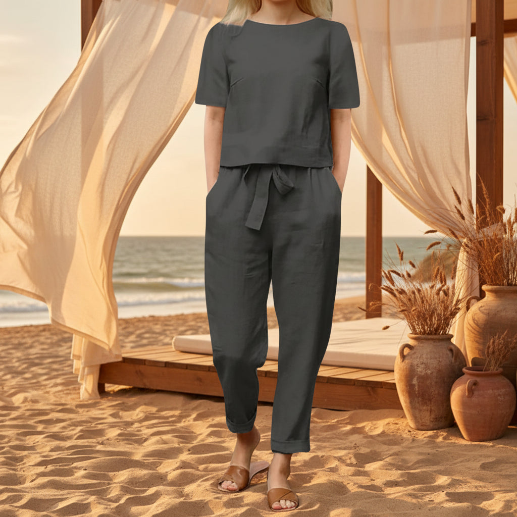 Wide-Leg Pants Two-Piece Set – Solid Color Casual Lounge Suit FitiqueFit