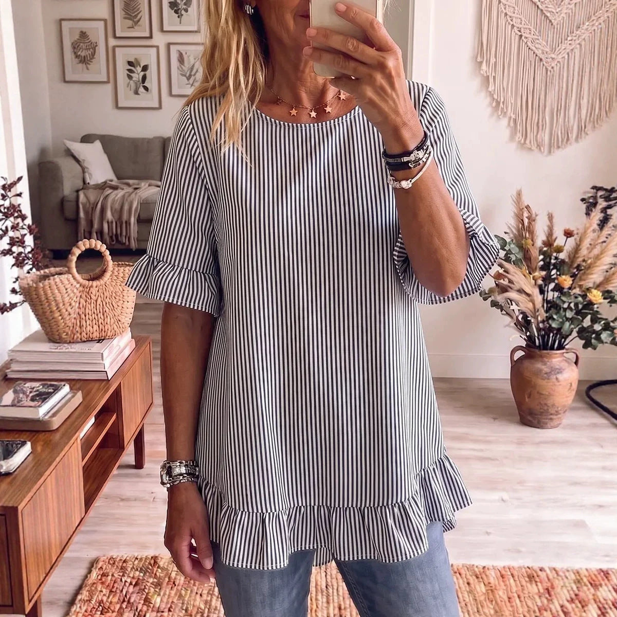 Women's Striped Ruffle-Sleeve Loose-Fit Blouse – Three-Quarter Sleeve FitiqueFit
