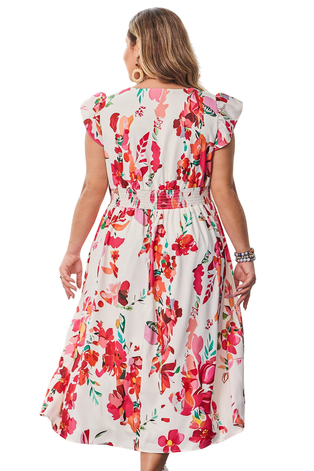 Pink Floral Print V Neck Ruffle Sleeve Plus Size Midi Dress Garden Naked Curves