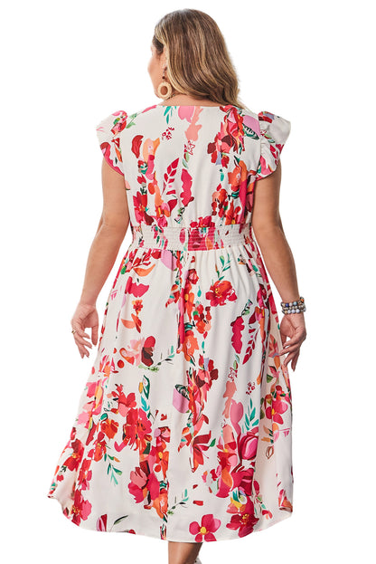 Pink Floral Print V Neck Ruffle Sleeve Plus Size Midi Dress Garden Naked Curves