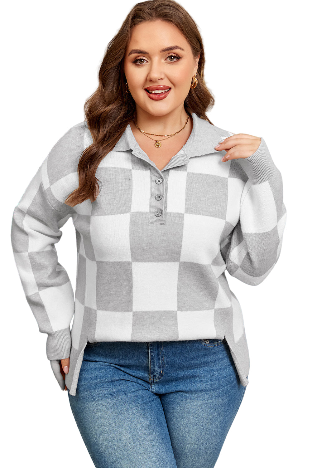 Gray Plus Size Checkered Pattern Button Polo Collar Split Sweater Garden Naked Curves