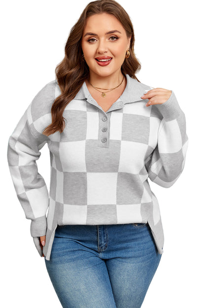Gray Plus Size Checkered Pattern Button Polo Collar Split Sweater Garden Naked Curves