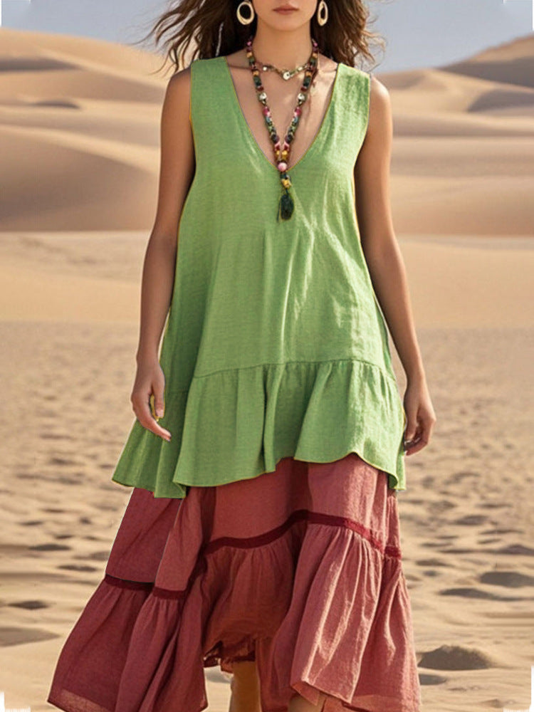 Women's Sleeveless Color-Block Patchwork Maxi Dress – V-Neck FitiqueFit