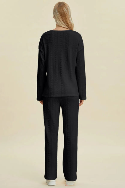 Double Take Full Size Cable-Knit Long Sleeve Top and Pants Set West2East Surf