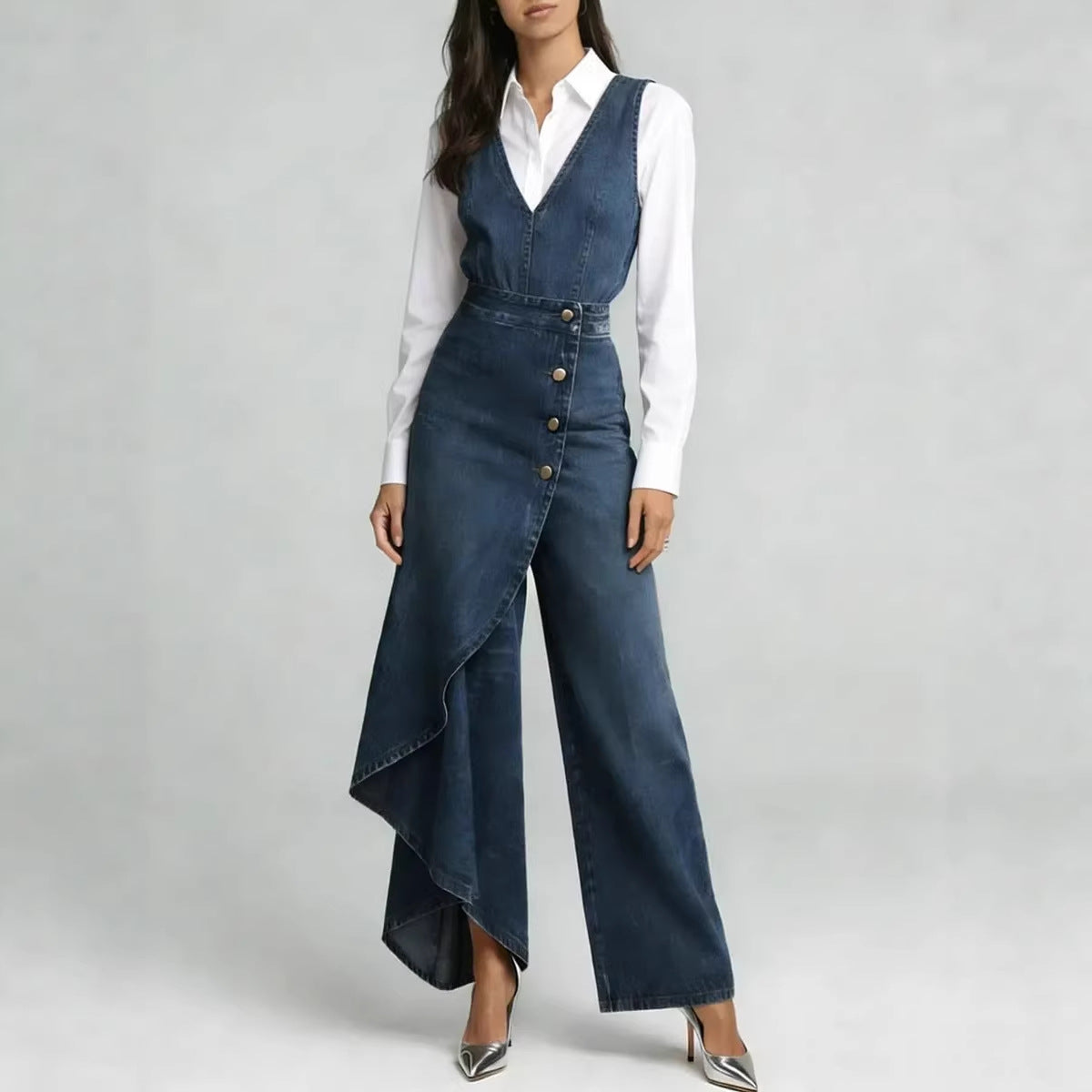 Women’s Western-Style V-Neck Asymmetrical Denim Jumpsuit FitiqueFit