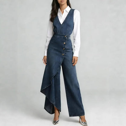 Women’s Western-Style V-Neck Asymmetrical Denim Jumpsuit FitiqueFit