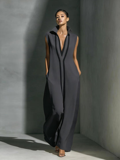 Women's V-Neck Color-Block Sleeveless A-Line Maxi Dress – 4 Colors XS–2XL FitiqueFit