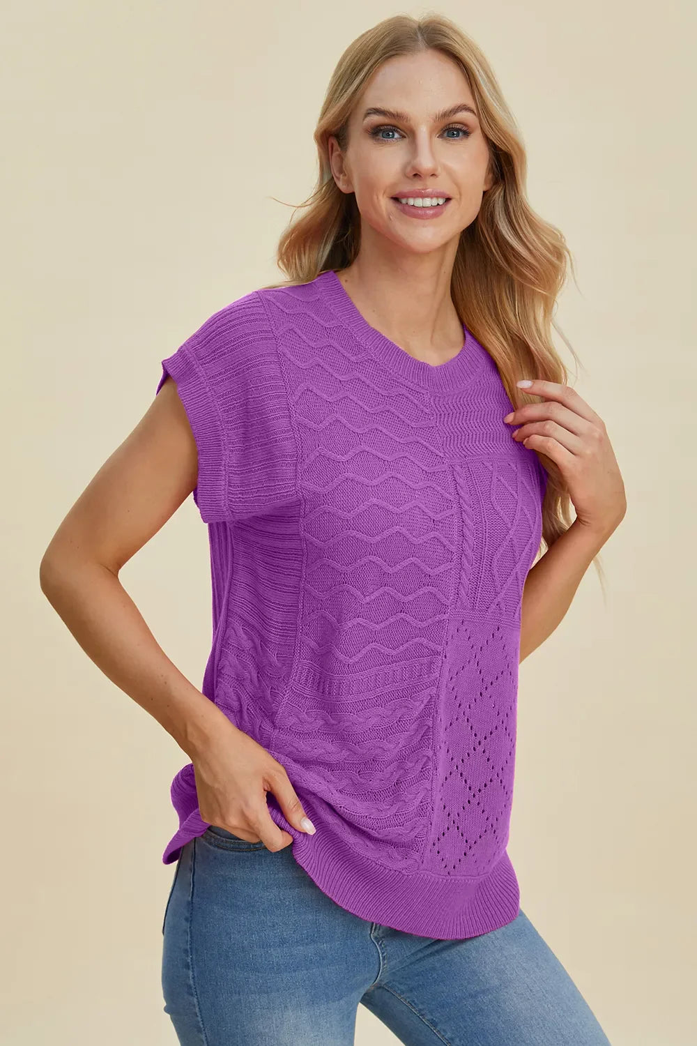Double Take Full Size Cable-Knit Round Neck Cap Sleeve Sweater New Era Fashion LLc